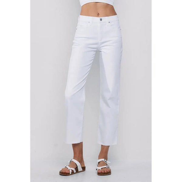 SneakPeek Straight Leg White Jeans with Raw Cut Hem