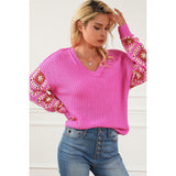 Rose Floral Crochet Cable Knit V Neck Sweater