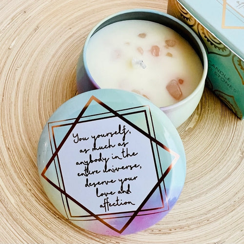 Inspirational Candle W Healing Gem Stones | Soy Tin Candle